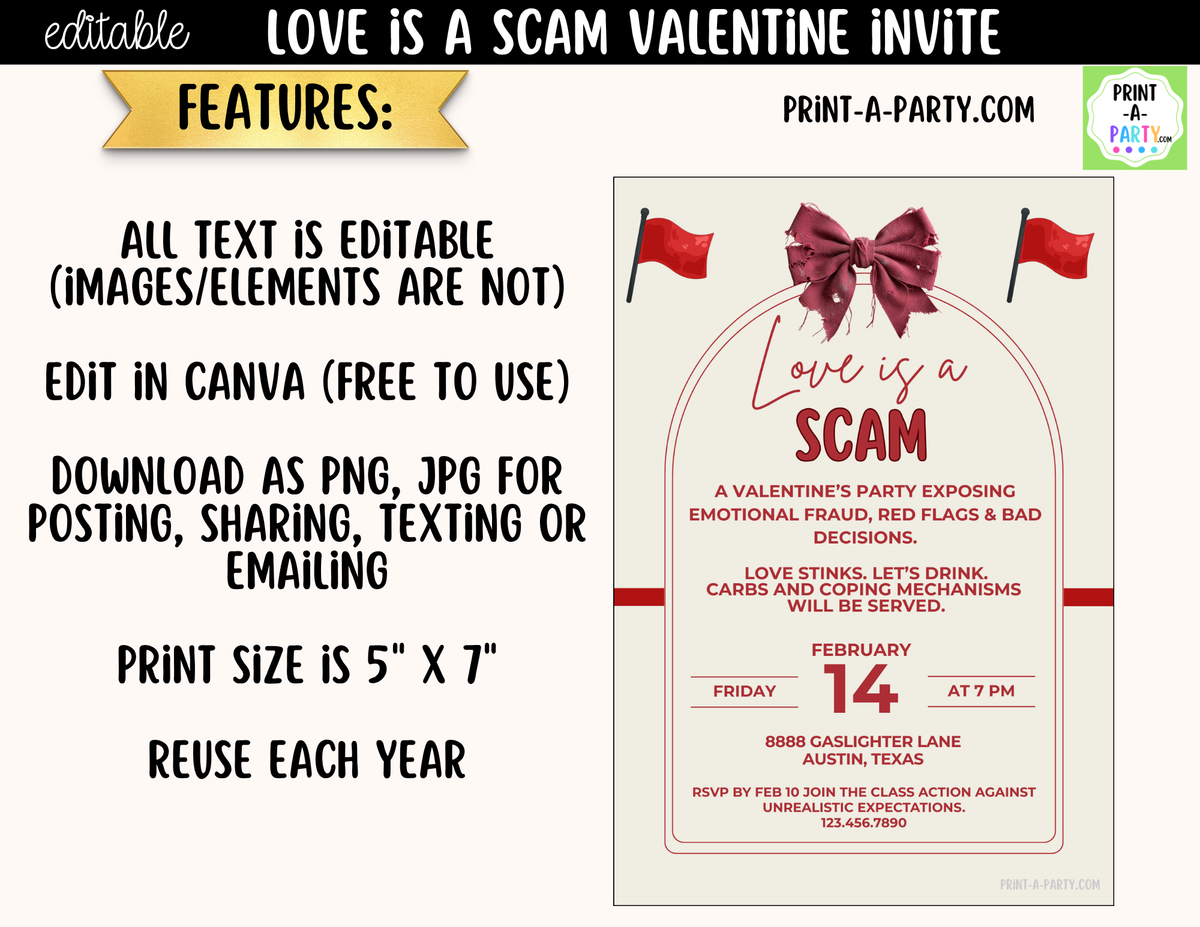 Love Is a Scam Valentine Party Invitation – Editable Canva
