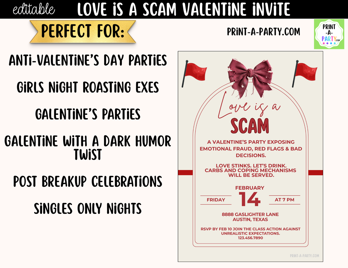 Love Is a Scam Valentine Party Invitation – Editable Canva