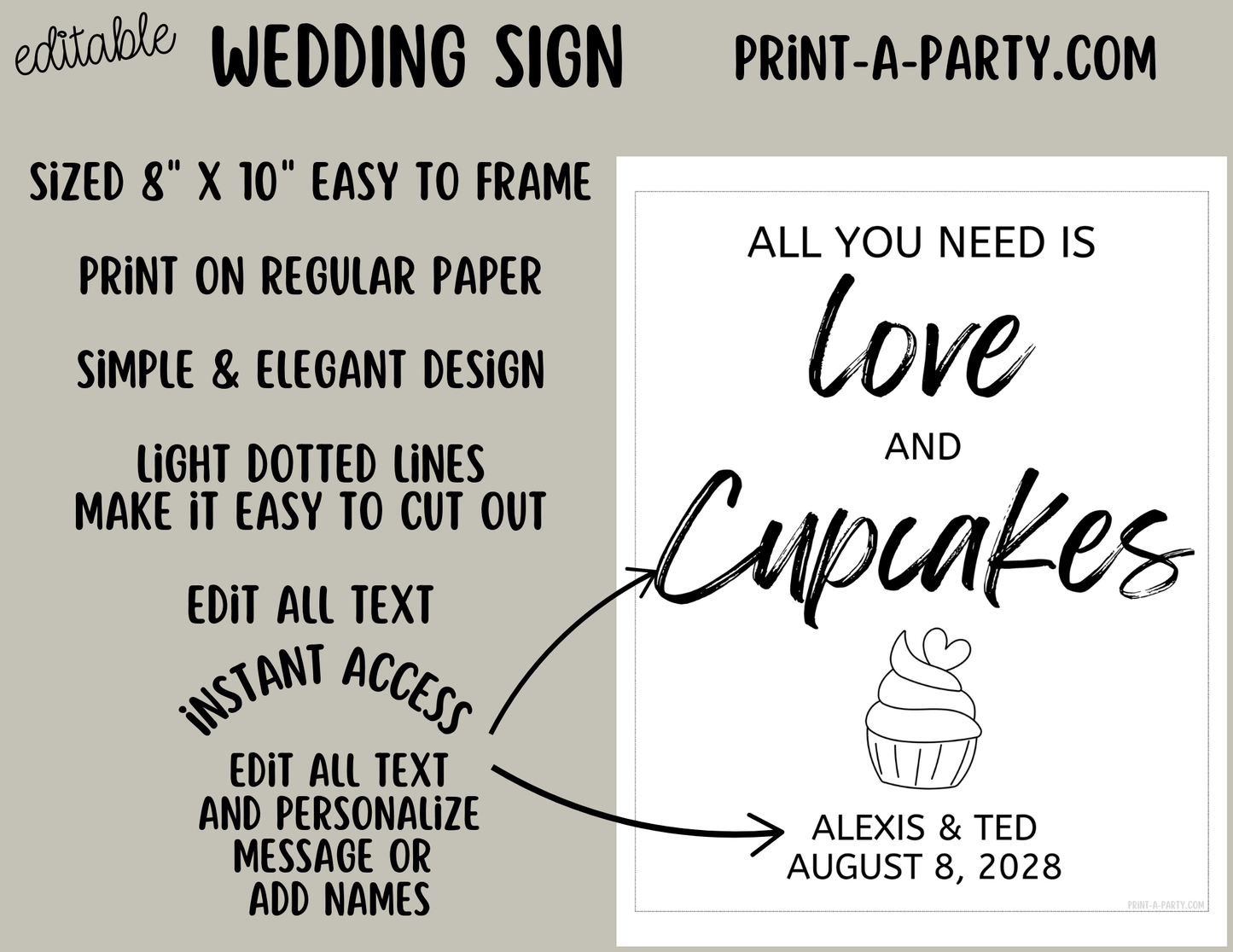 Editable Wedding Sign: CUPCAKE SIGN - All You Need is Love and Cupcakes - Dessert Table Sign - Canva Templates for Weddings, Showers, and Dessert Tables