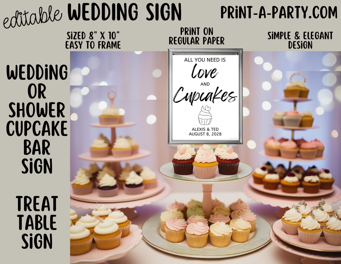 Editable Wedding Sign: CUPCAKE SIGN - All You Need is Love and Cupcakes - Dessert Table Sign - Canva Templates for Weddings, Showers, and Dessert Tables