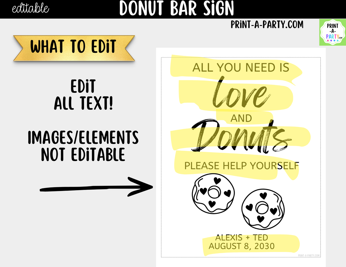 Editable Donut Bar Sign – All You Need Is Love and Donuts | 8x10