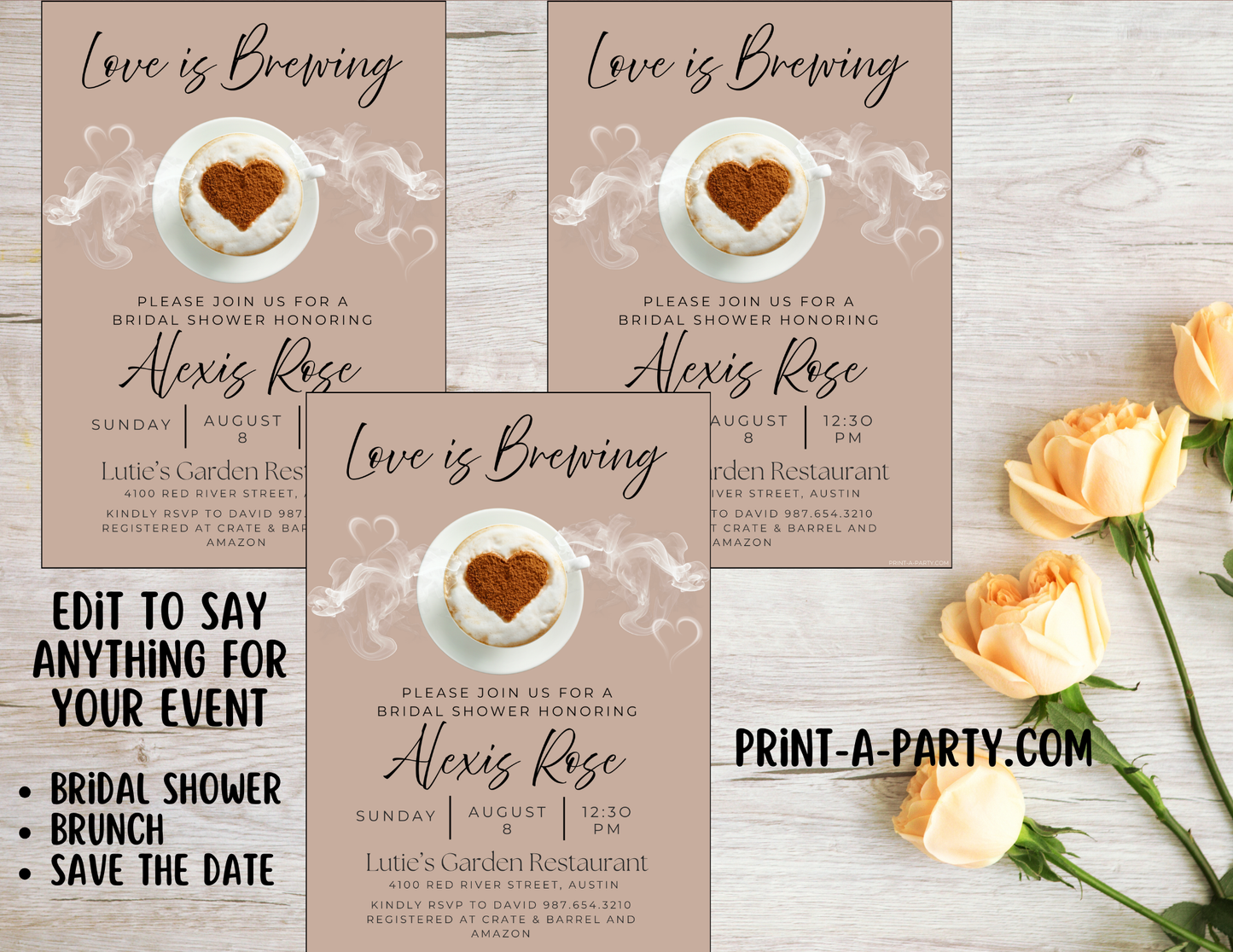 EDITABLE WEDDING EVENT INVITATION: Love Is Brewing - Bridal Shower, Brunch, Save The Date, Editable Invite for posting or printing | Coffee Theme 2