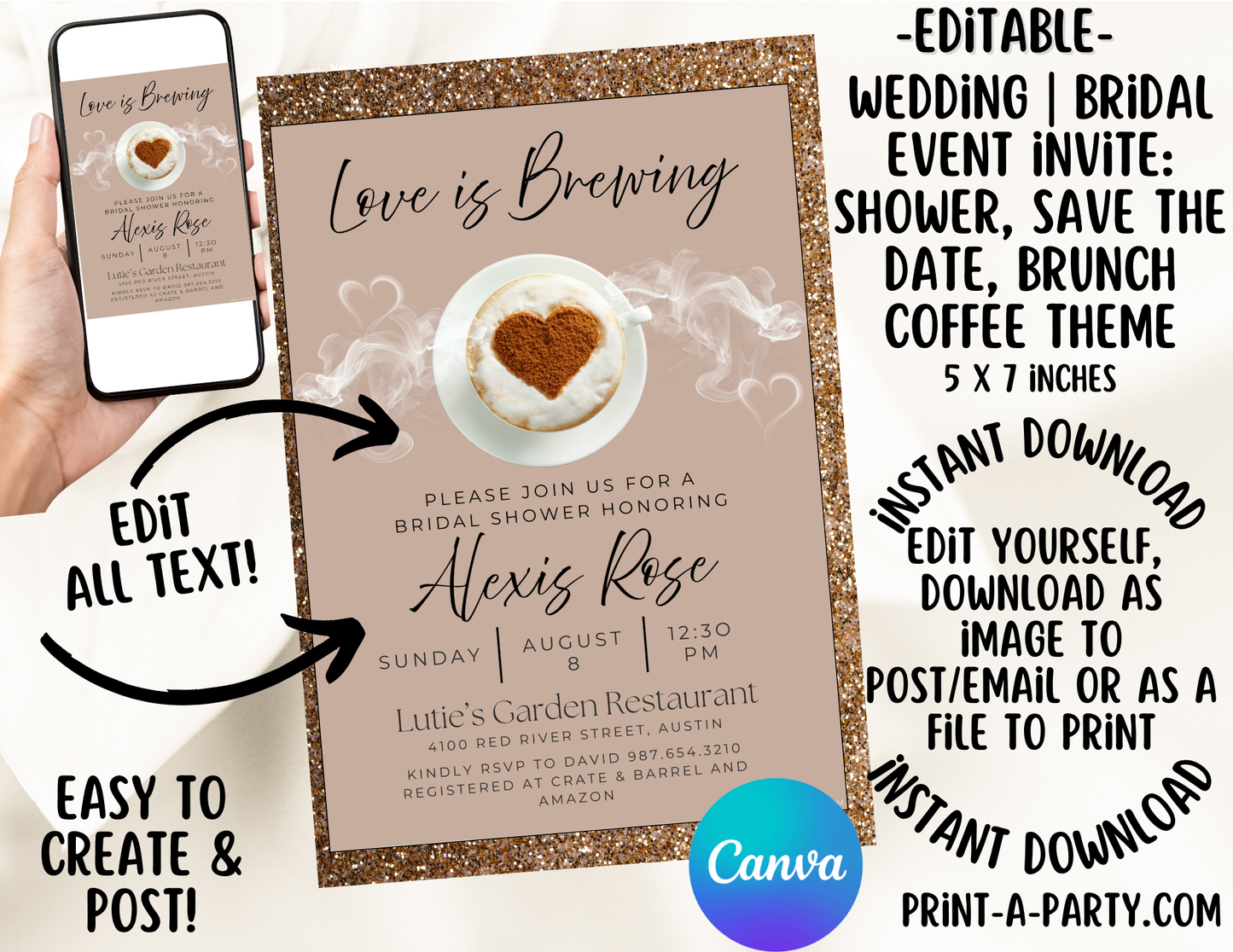 EDITABLE WEDDING EVENT INVITATION: Love Is Brewing - Bridal Shower, Brunch, Save The Date, Editable Invite for posting or printing | Coffee Theme 2