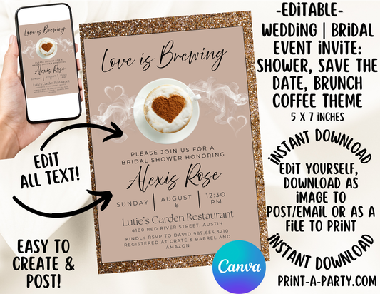 EDITABLE WEDDING EVENT INVITATION: Love Is Brewing - Bridal Shower, Brunch, Save The Date, Editable Invite for posting or printing | Coffee Theme 2