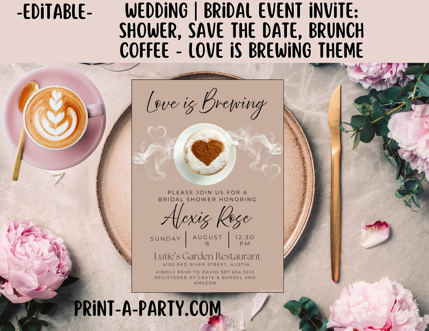 EDITABLE WEDDING EVENT INVITATION: Love Is Brewing - Bridal Shower, Brunch, Save The Date, Editable Invite for posting or printing | Coffee Theme 2