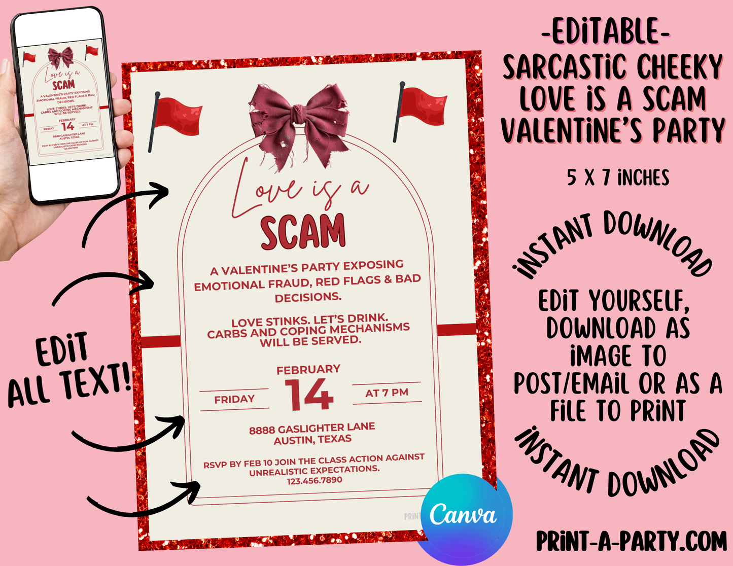 Editable Valentine Invite Sarcastic Love Is A Scam Template 5x7, Canva, Singles, Girls Night