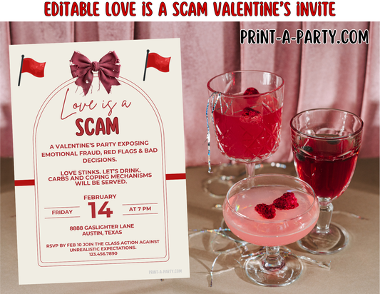 Editable Valentine Invite Sarcastic Love Is A Scam Template 5x7, Canva, Singles, Girls Night