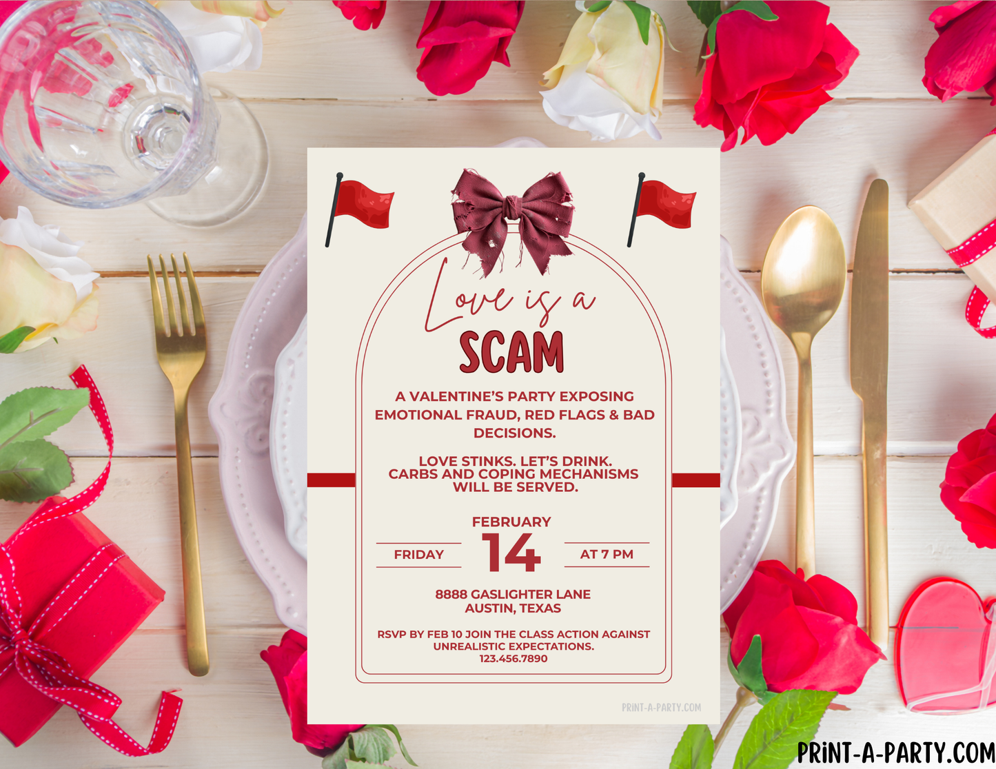 Editable Valentine Invite Sarcastic Love Is A Scam Template 5x7, Canva, Singles, Girls Night
