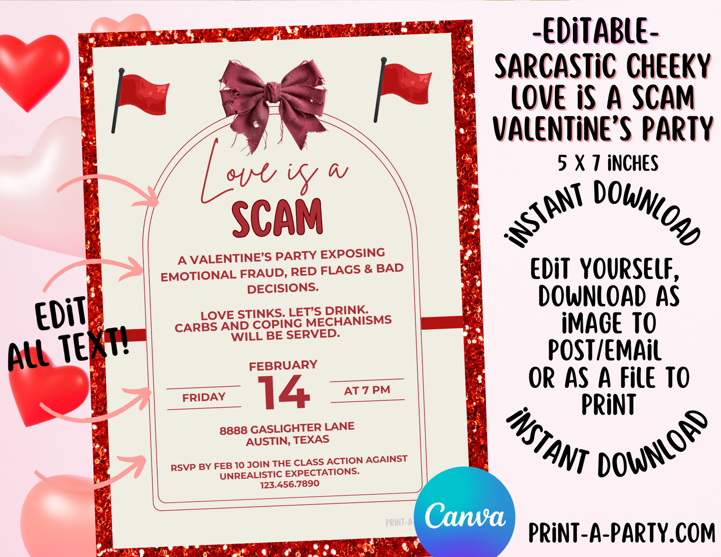 Editable Valentine Invite Sarcastic Love Is A Scam Template 5x7, Canva, Singles, Girls Night