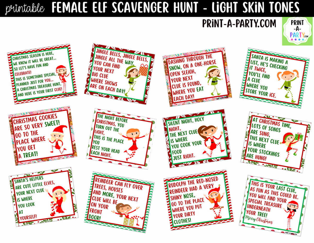 Printable Christmas Elf Scavenger Hunt - Female Elf with Light Skin Tone Clue Cards for Kids