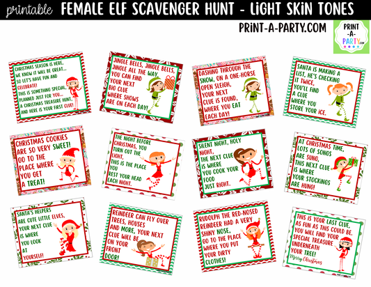 Printable Christmas Elf Scavenger Hunt - Female Elf with Light Skin Tone Clue Cards for Kids