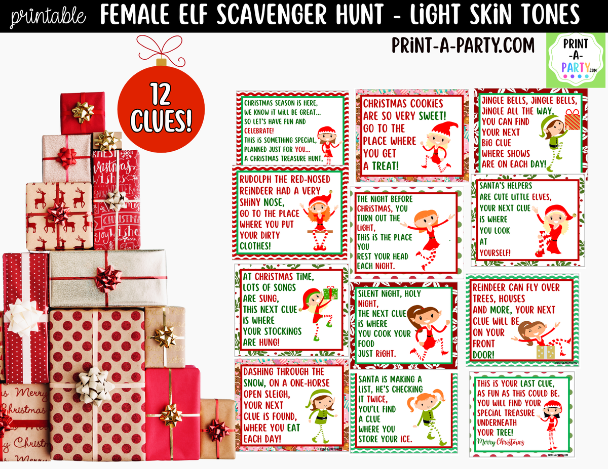 Printable Christmas Elf Scavenger Hunt - Female Elf with Light Skin Tone Clue Cards for Kids