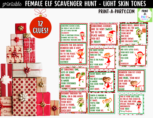 Printable Christmas Elf Scavenger Hunt - Female Elf with Light Skin Tone Clue Cards for Kids