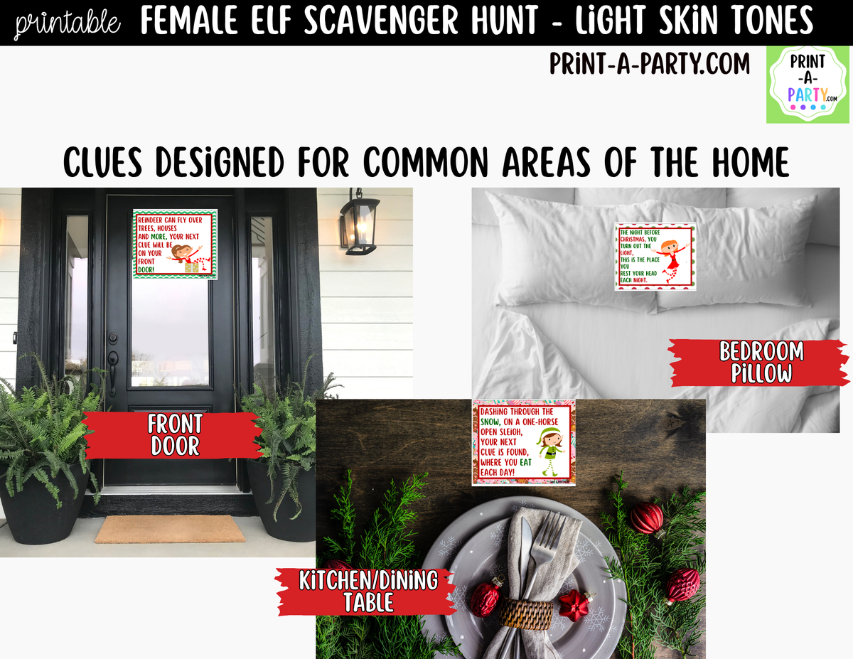 Printable Christmas Elf Scavenger Hunt - Female Elf with Light Skin Tone Clue Cards for Kids