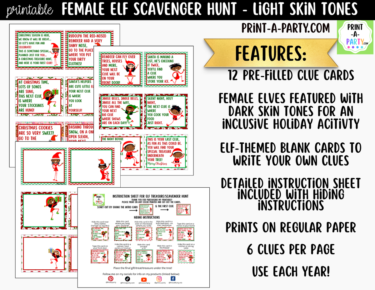 Printable Christmas Elf Scavenger Hunt - Female Elf with Light Skin Tone Clue Cards for Kids