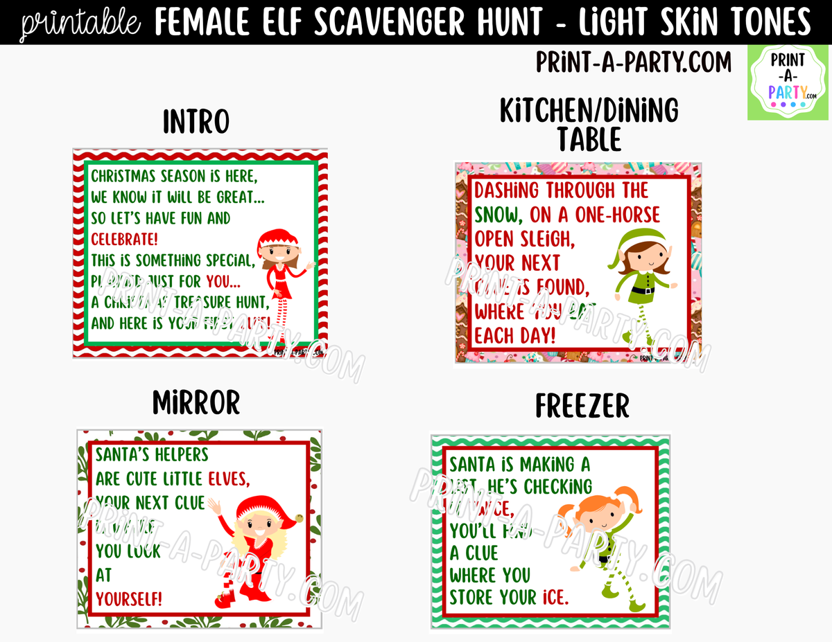 Printable Christmas Elf Scavenger Hunt - Female Elf with Light Skin Tone Clue Cards for Kids