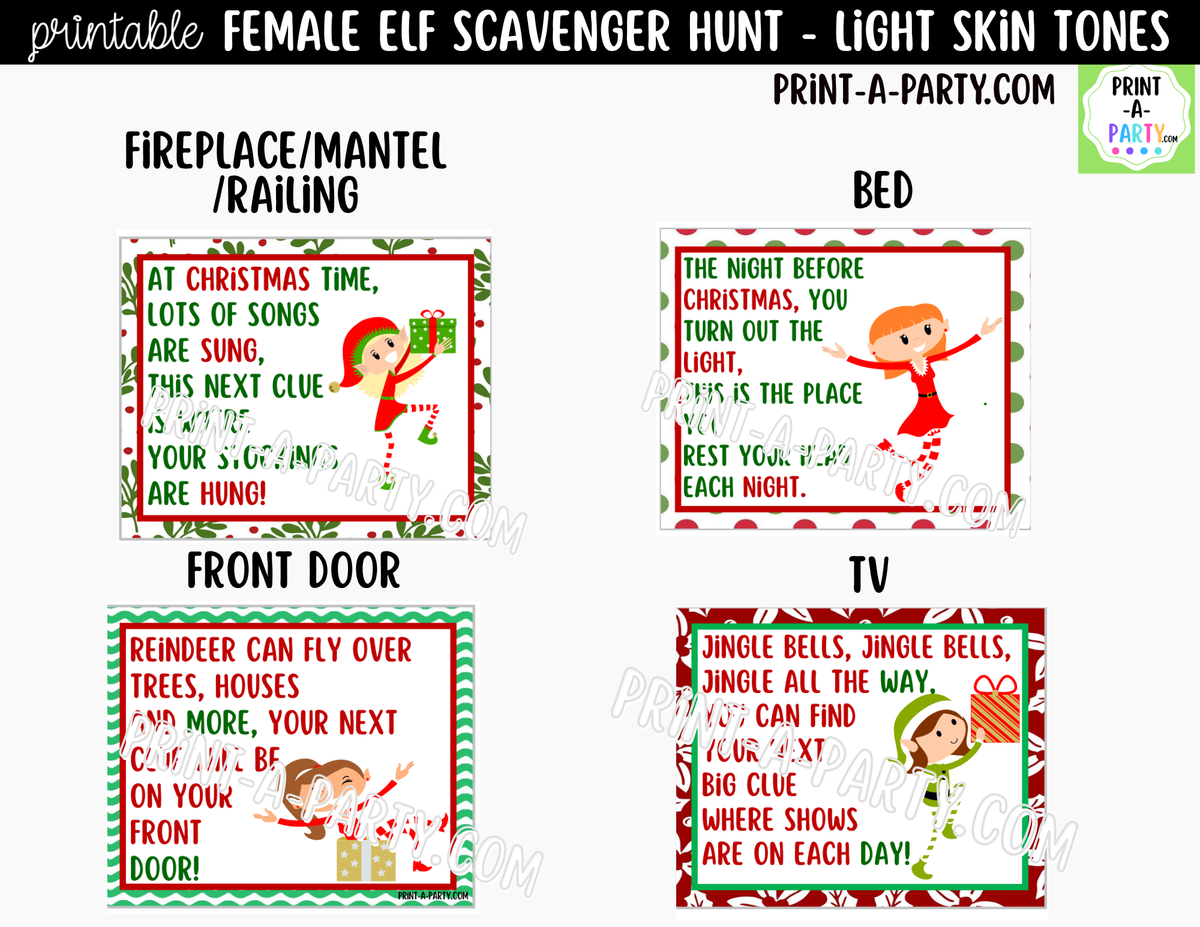 Printable Christmas Elf Scavenger Hunt - Female Elf with Light Skin Tone Clue Cards for Kids