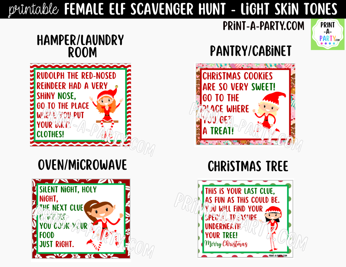 Printable Christmas Elf Scavenger Hunt - Female Elf with Light Skin Tone Clue Cards for Kids