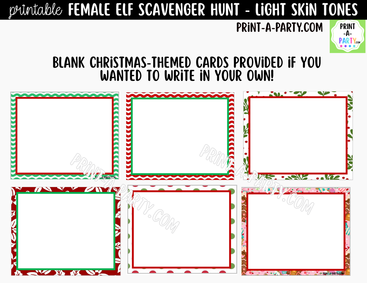 Printable Christmas Elf Scavenger Hunt - Female Elf with Light Skin Tone Clue Cards for Kids