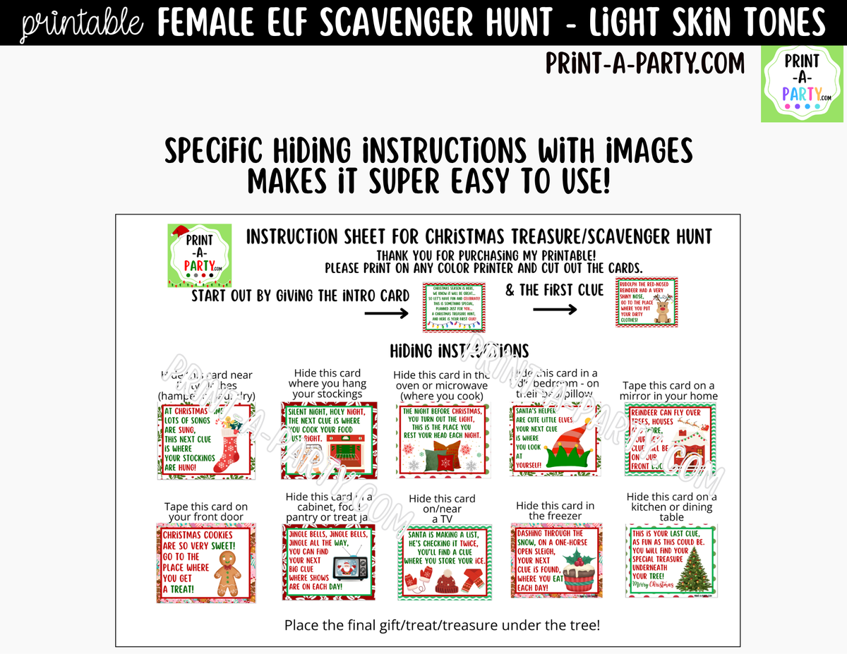 Printable Christmas Elf Scavenger Hunt - Female Elf with Light Skin Tone Clue Cards for Kids