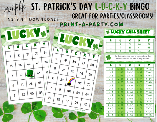 BINGO: St. Patrick's Day L-U-C-K-Y Bingo | Lucky Bingo | Leprechaun | Shamrock | Pot of Gold | Classrooms | Parties | Birthday | 30, 40, or 50 cards - INSTANT DOWNLOAD