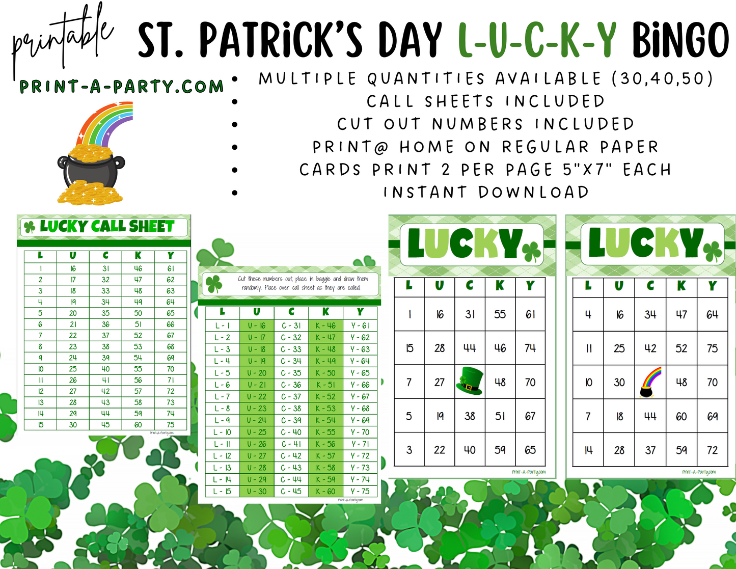 BINGO: St. Patrick's Day L-U-C-K-Y Bingo | Lucky Bingo | Leprechaun | Shamrock | Pot of Gold | Classrooms | Parties | Birthday | 30, 40, or 50 cards - INSTANT DOWNLOAD