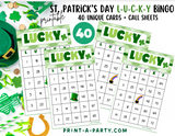 BINGO: St. Patrick's Day L-U-C-K-Y Bingo | Lucky Bingo | Leprechaun | Shamrock | Pot of Gold | Classrooms | Parties | Birthday | 30, 40, or 50 cards - INSTANT DOWNLOAD
