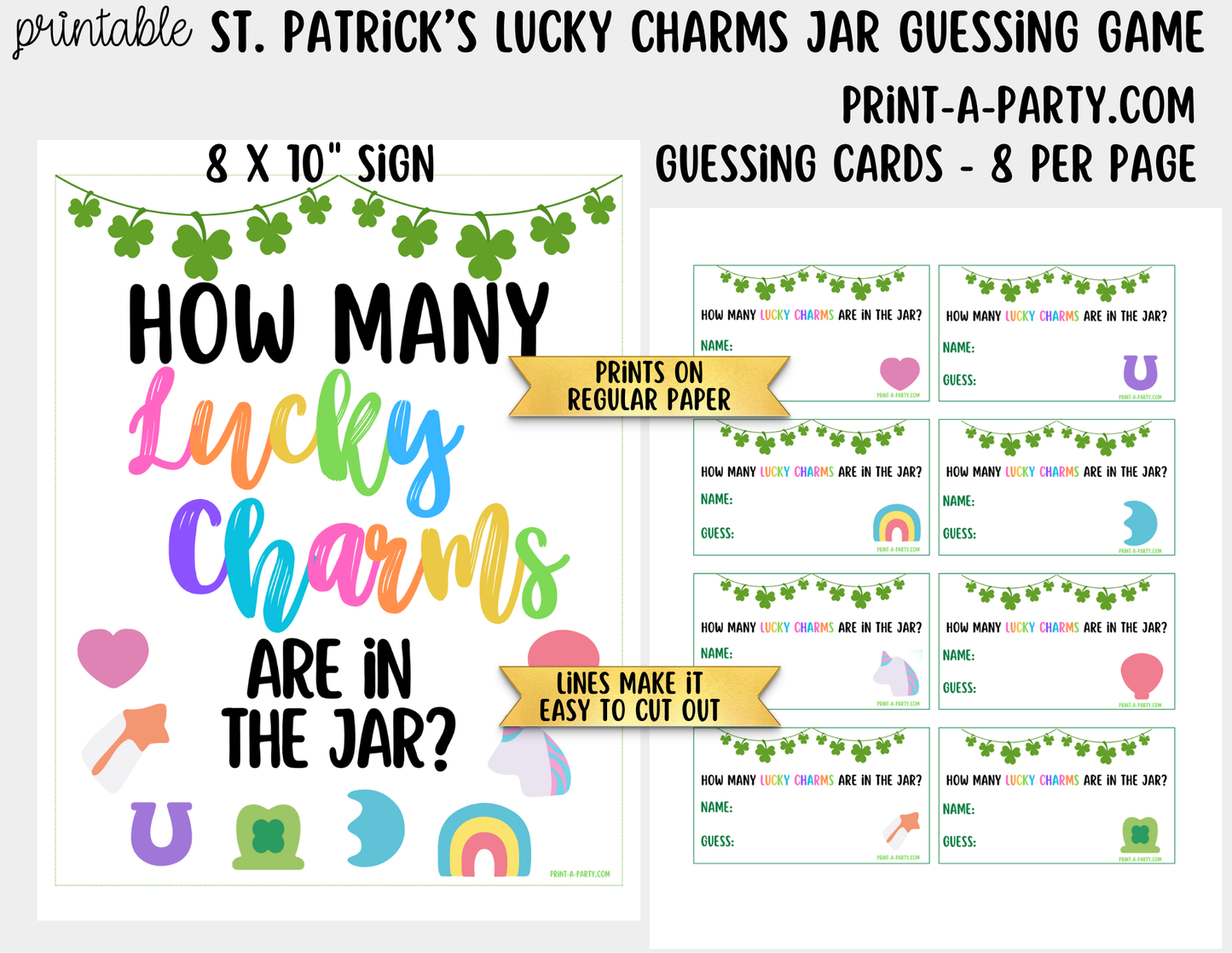 St. Patrick's Day Lucky Charms Jar Game Printable Sign (8x10) and Guessing Cards for Holiday Parties and Decor