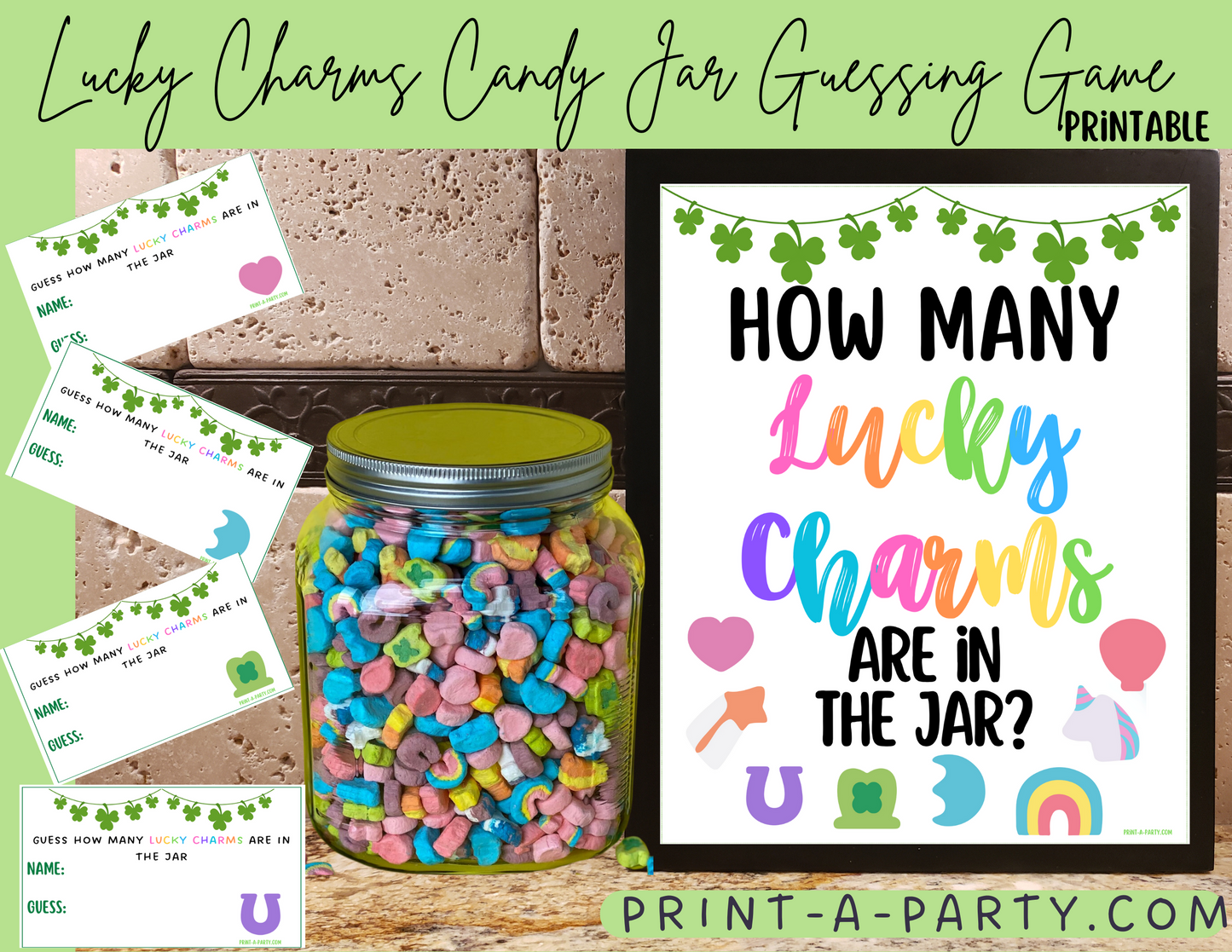 St. PATRICK'S DAY LUCKY CHARMS GUESSING GAME | How many Lucky Charms in jar | St. Patrick's Day Party | St. Patty's Day Party DIY | Printable