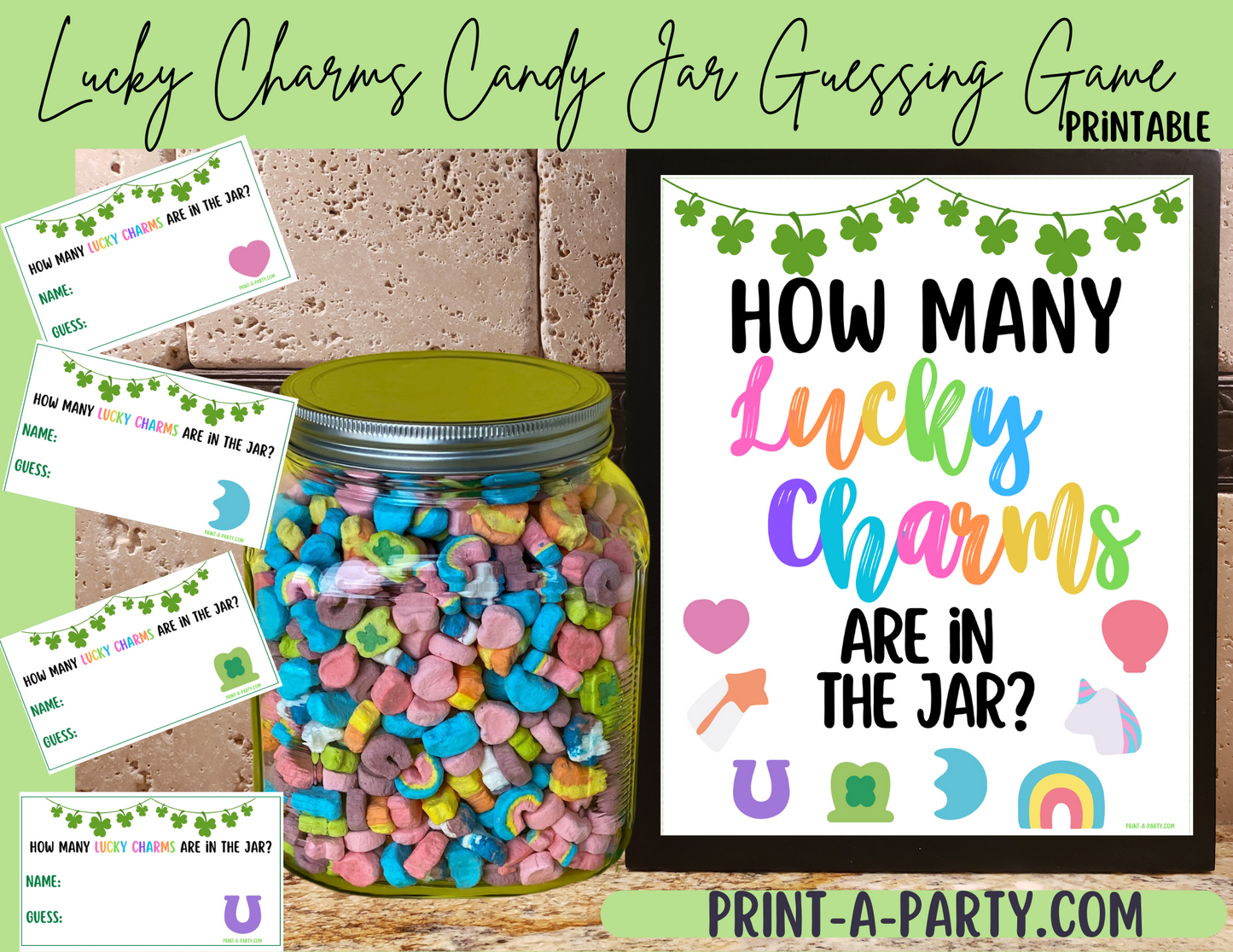 CANDY JAR GUESSING GAME - St. PATRICK'S DAY LUCKY CHARMS | How many Lucky Charms in jar | St. Patrick's Day Party | Printable