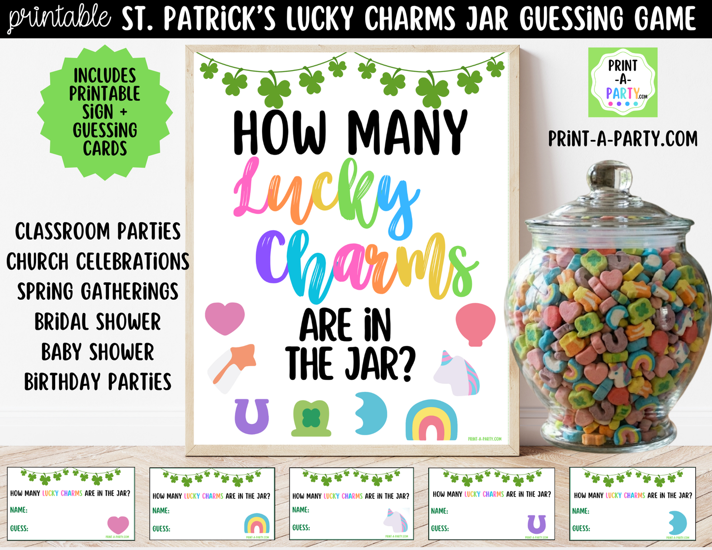 St. Patrick's Day Lucky Charms Jar Game Printable Sign (8x10) and Guessing Cards for Holiday Parties and Decor