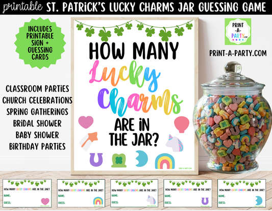 St. Patrick's Day Lucky Charms Jar Game Printable Sign (8x10) and Guessing Cards for Holiday Parties and Decor