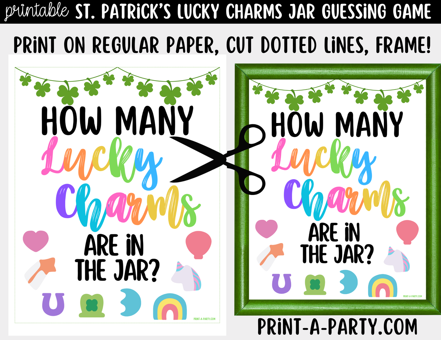 St. Patrick's Day Lucky Charms Jar Game Printable Sign (8x10) and Guessing Cards for Holiday Parties and Decor