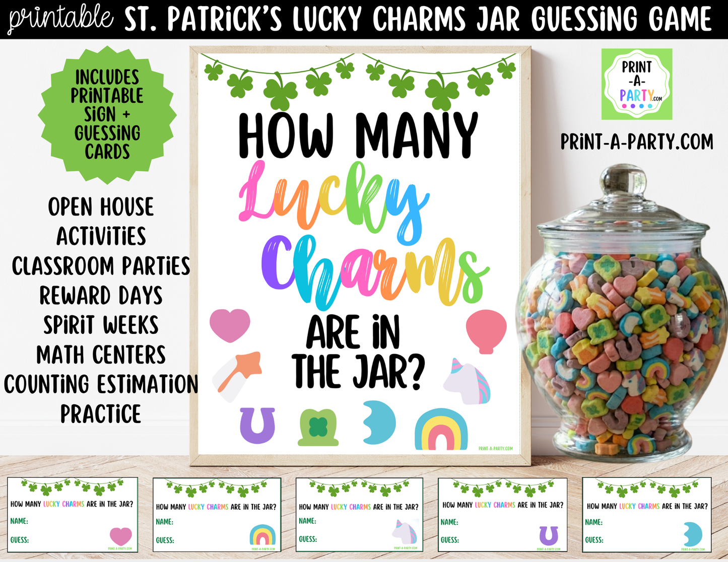 St. Patrick's Day Lucky Charms Jar Game Printable Sign (8x10) and Guessing Cards for Holiday Parties and Decor