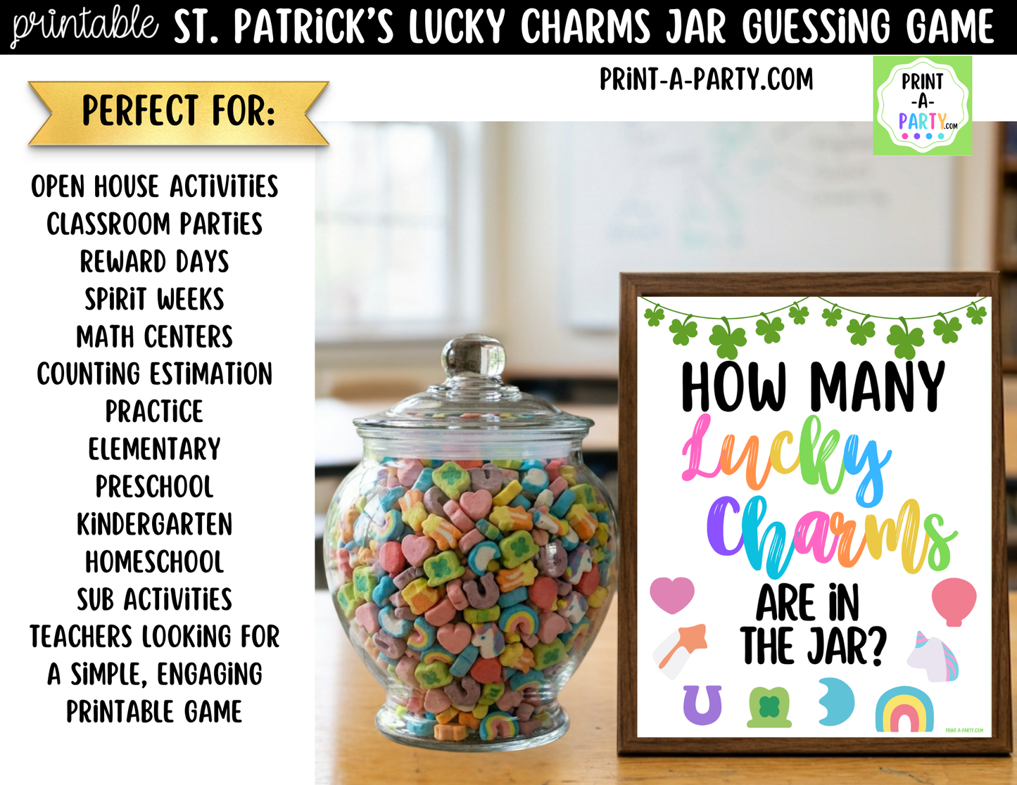 St. Patrick's Day Lucky Charms Jar Game Printable Sign (8x10) and Guessing Cards for Holiday Parties and Decor