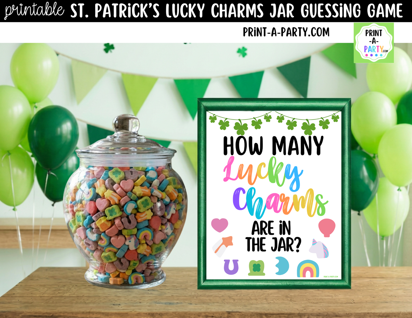 St. Patrick's Day Lucky Charms Jar Game Printable Sign (8x10) and Guessing Cards for Holiday Parties and Decor