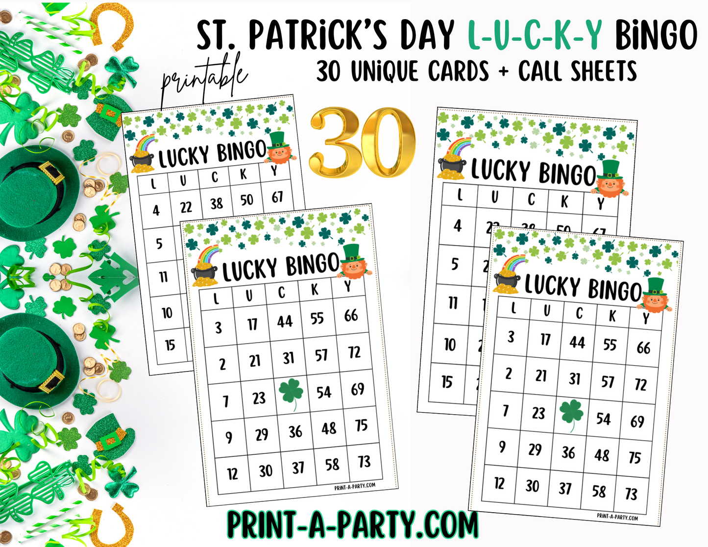 BINGO: St. Patrick's Day L-U-C-K-Y Bingo | Lucky Bingo | Leprechaun | Shamrock | Pot of Gold | Classrooms | Parties | Birthday | 30, 40, or 50 cards - INSTANT DOWNLOAD