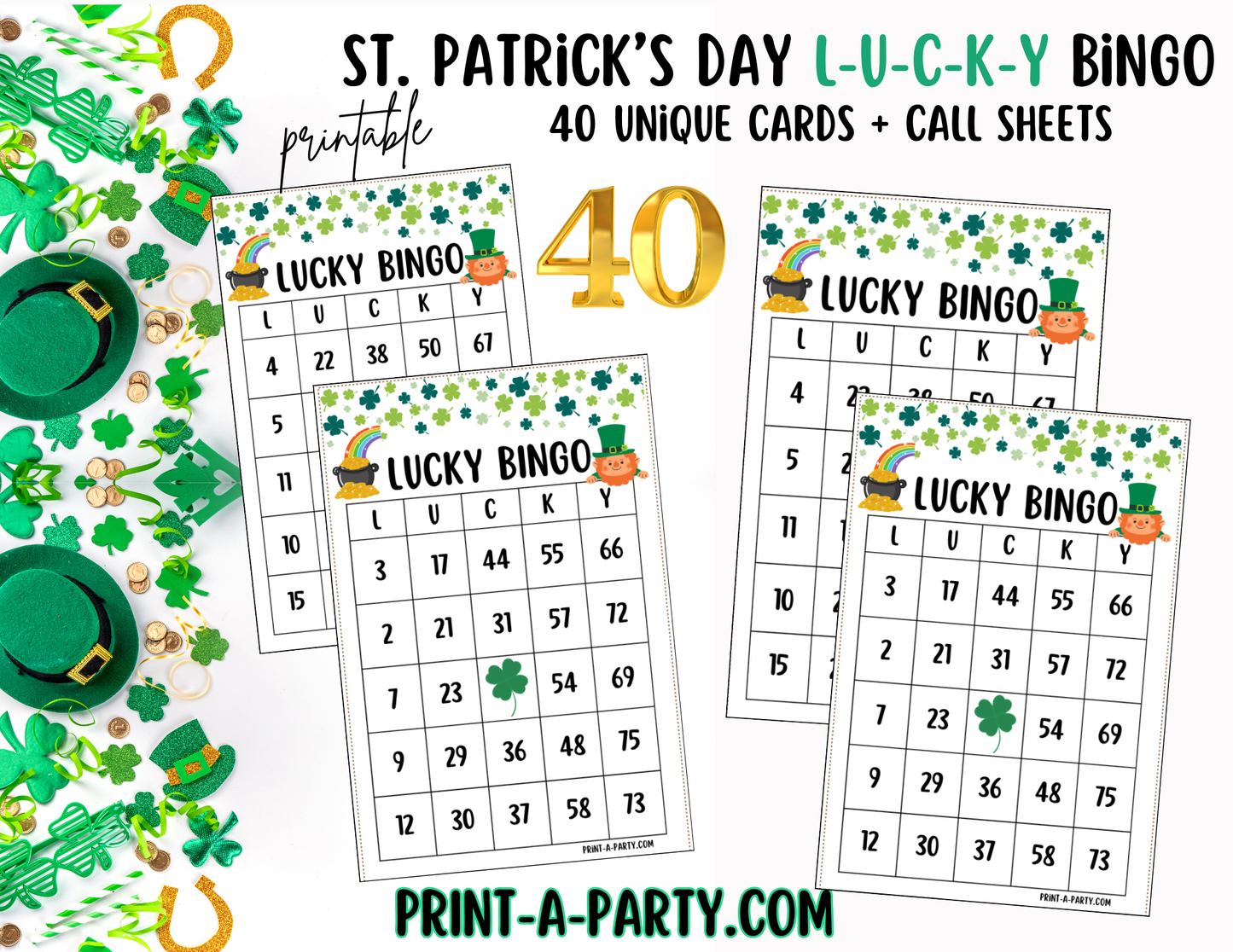 BINGO: St. Patrick's Day L-U-C-K-Y Bingo | Lucky Bingo | Leprechaun | Shamrock | Pot of Gold | Classrooms | Parties | Birthday | 30, 40, or 50 cards - INSTANT DOWNLOAD