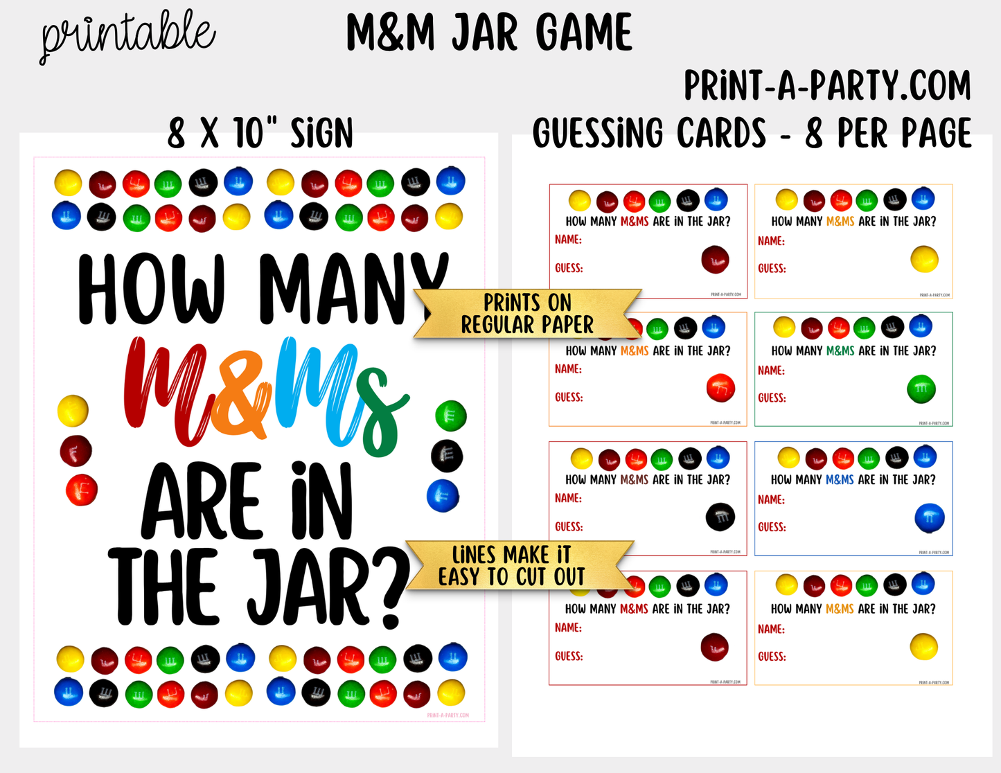 M&Ms Candy Jar Guessing Game Printable Sign (8x10) + Guessing Cards - Party Game Decor