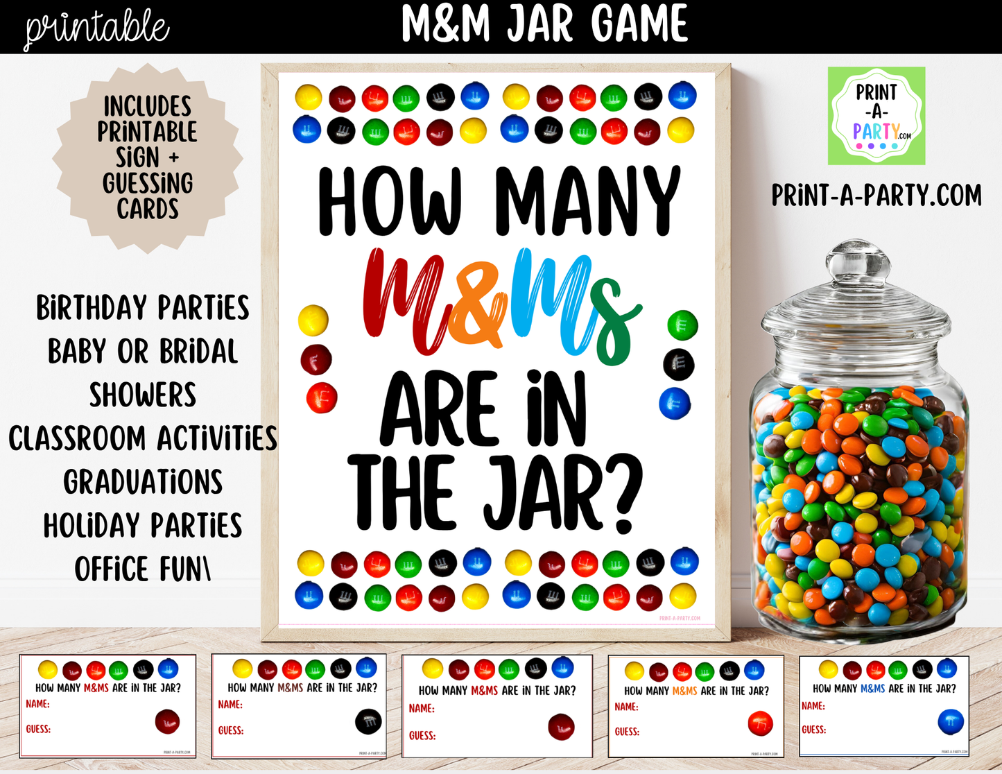 M&Ms Candy Jar Guessing Game Printable Sign (8x10) + Guessing Cards - Party Game Decor