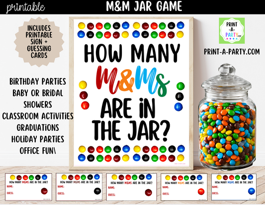 M&Ms Candy Jar Guessing Game Printable Sign (8x10) + Guessing Cards - Party Game Decor