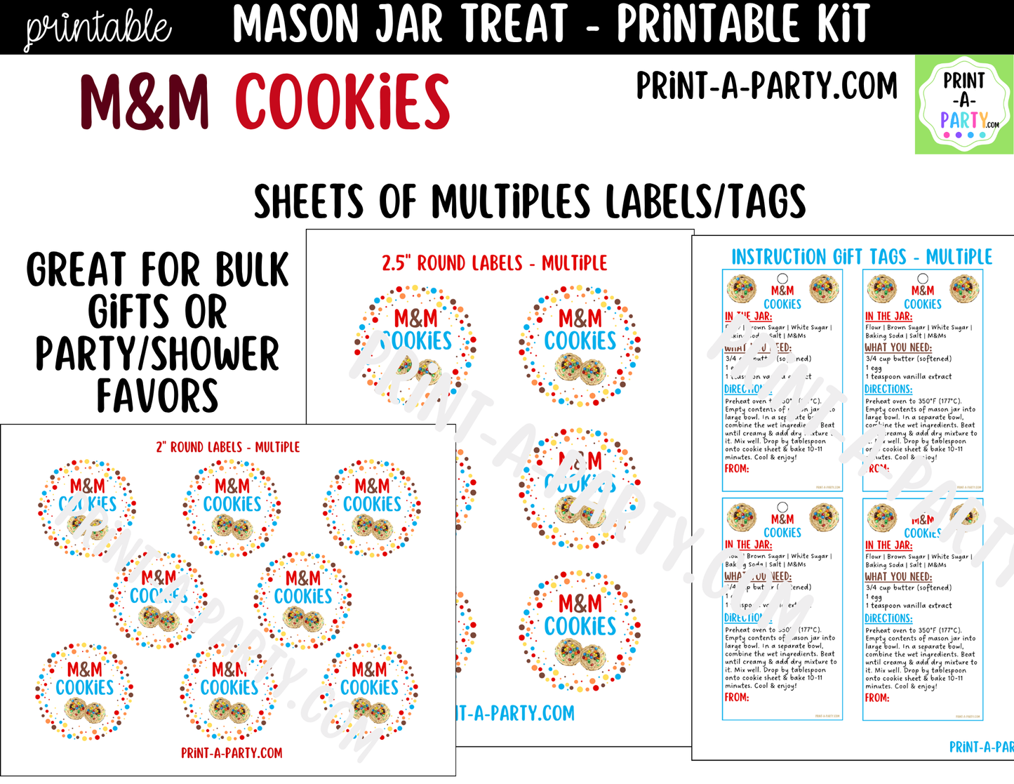 M&M Cookies in a Mason Jar Gift Printable Kit - Labels, Tag, Recipe & Instructions
