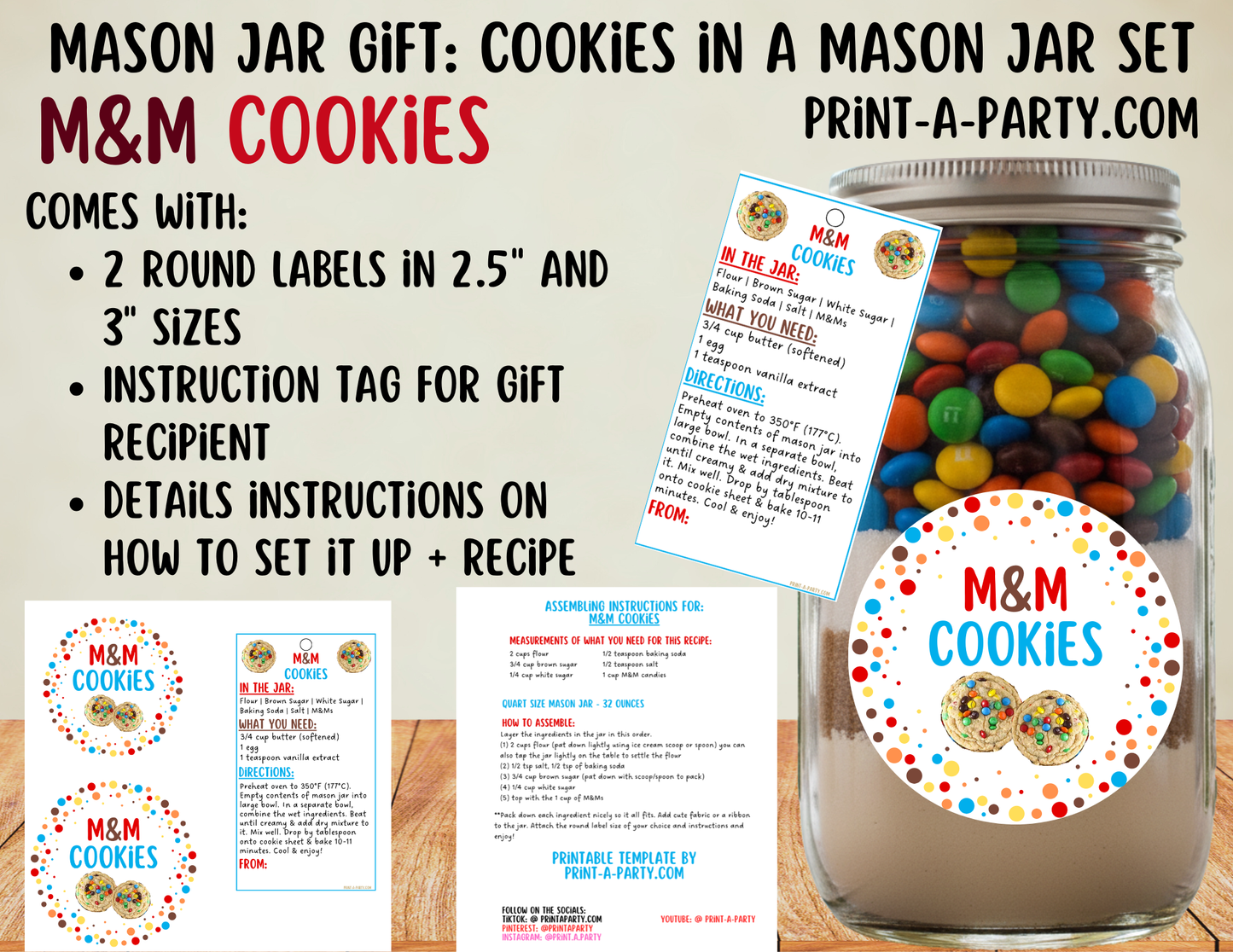 M&M Cookies in a Printable Mason Jar Gift - Labels & Tag, Recipe Instructions
