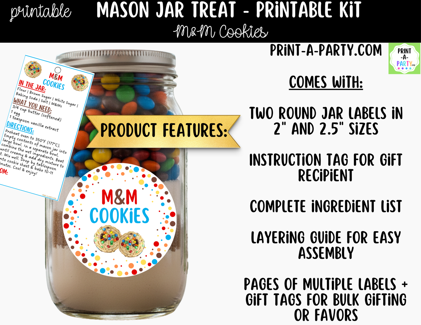 M&M Cookies in a Mason Jar Gift Printable Kit - Labels, Tag, Recipe & Instructions