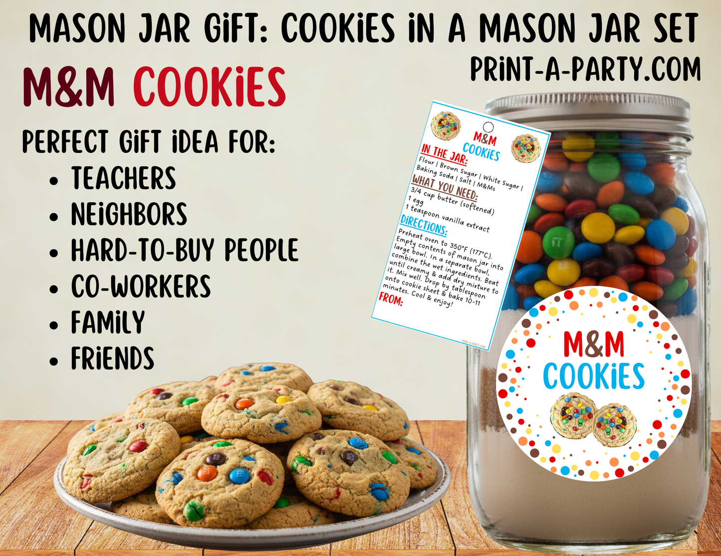 M&M Cookies in a Printable Mason Jar Gift - Labels & Tag, Recipe Instructions