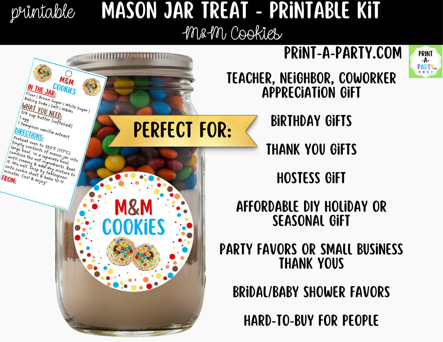 M&M Cookies in a Mason Jar Gift Printable Kit - Labels, Tag, Recipe & Instructions