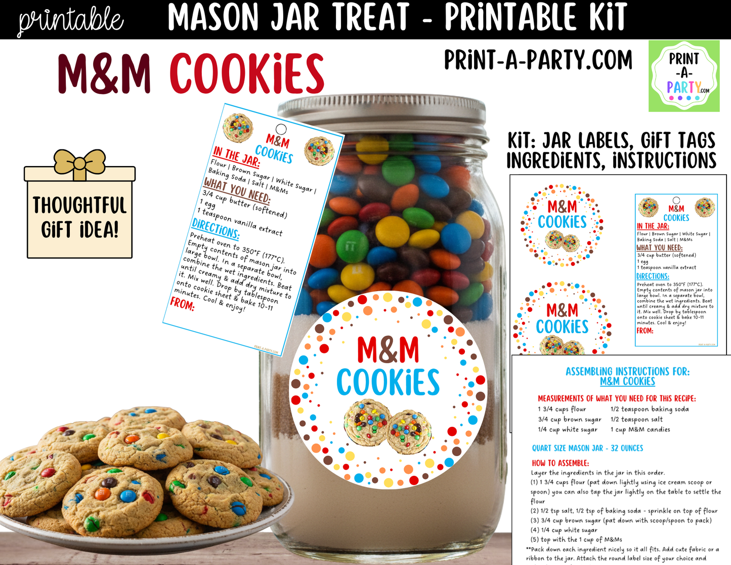 M&M Cookies in a Mason Jar Gift Printable Kit - Labels, Tag, Recipe & Instructions