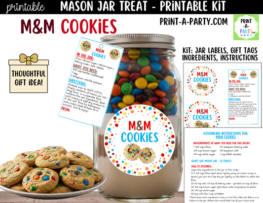 M&M Cookies in a Mason Jar Gift Printable Kit - Labels, Tag, Recipe & Instructions