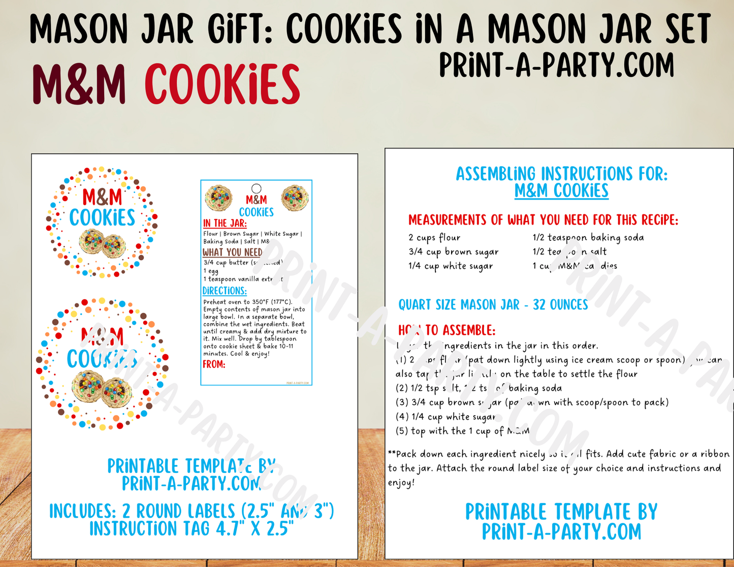M&M Cookies in a Printable Mason Jar Gift - Labels & Tag, Recipe Instructions