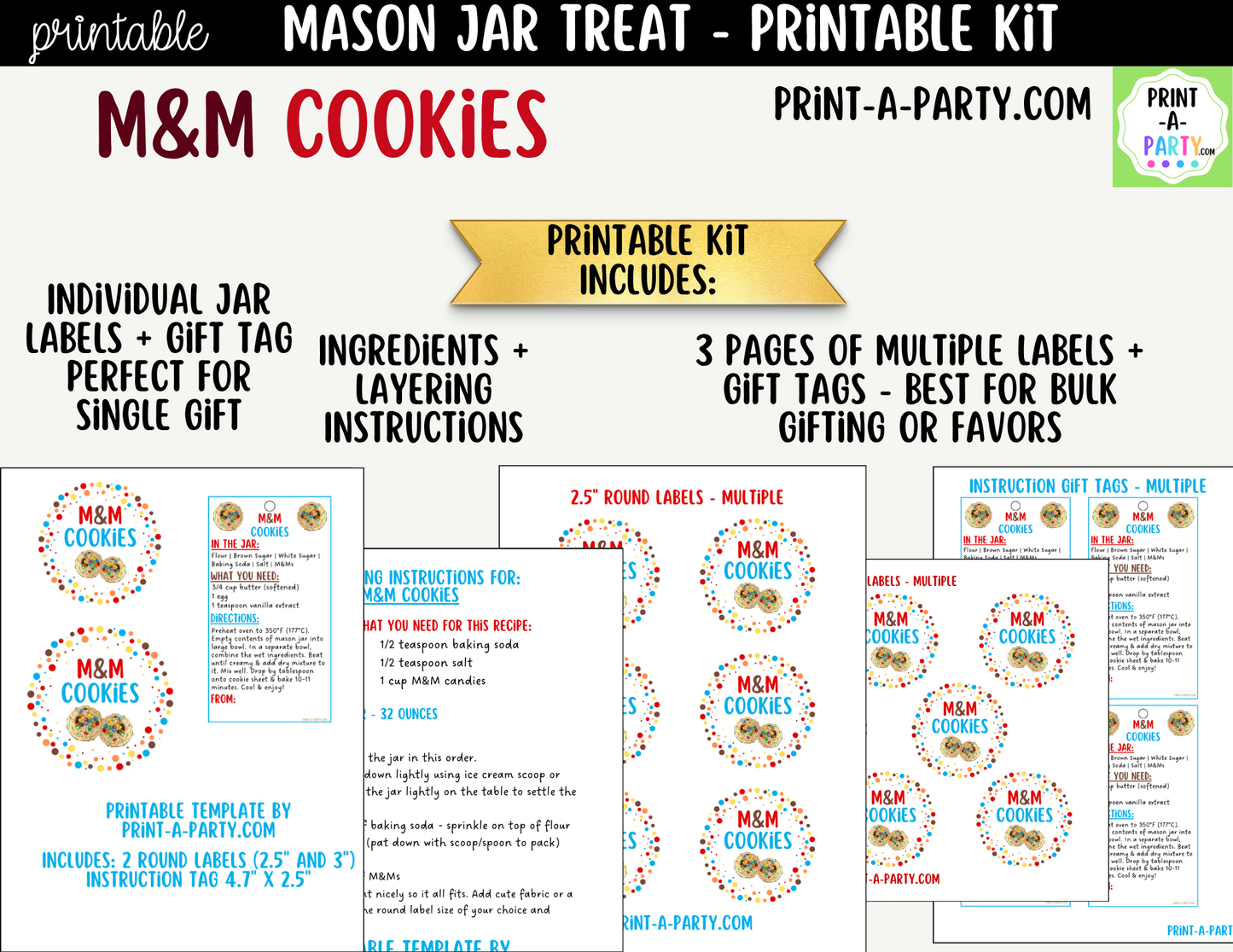 M&M Cookies in a Mason Jar Gift Printable Kit - Labels, Tag, Recipe & Instructions